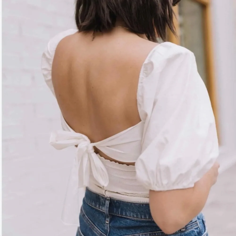 Reformation white puff sleeve ruched top NWT